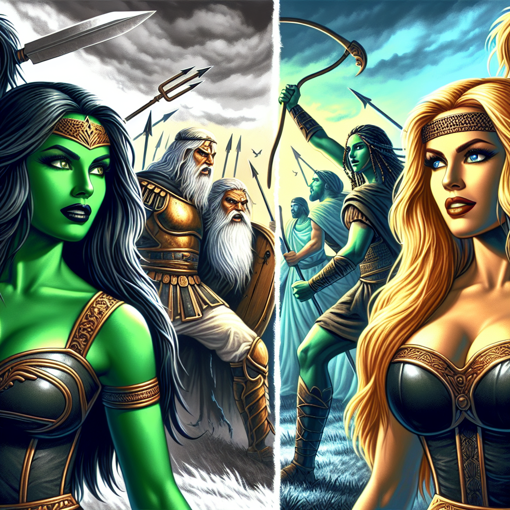 Generate an image displaying two formidable women, one with emerald green skin and black raven-like hair, the other with lustrous golden tresses and a contagious smile. They are locked in an epic battle scene alongside a historic Jewish warrior, not unlike Judah Maccabee, valiantly confronting Greek adversaries to liberate their Jewish compatriots.